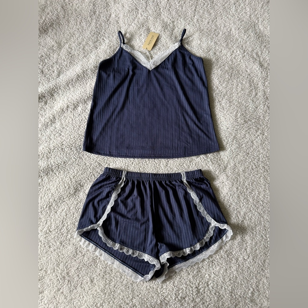 Navy Lace-Trim Cami and Short Sleep Set Women’s Size Medium